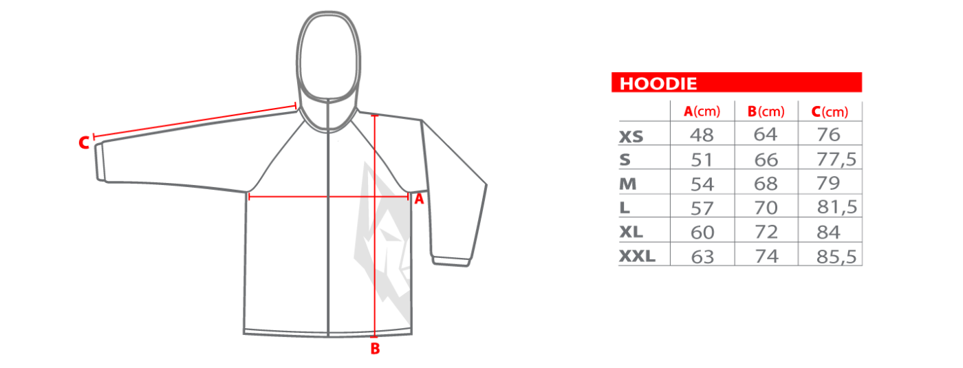 Zip Up Hoodie Size Chart